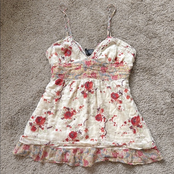 Vintage Y2K Babydoll Gauzy Cotton Tie Back Spagetti Strap Floral Tank Top - Picture 1 of 6
